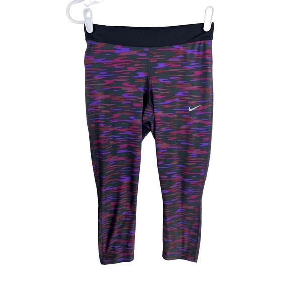 Nike Leggings Capri Womens Size S Dri-Fit Camo Print Purple Black Zip Pocket - Picture 1 of 9